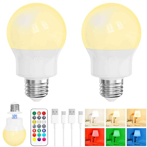 LED Aufladbare Glühbirne mit Fernbedienung, Magnetischer Sockel E27 2 Stück | 2600mAh Batterie, USB-C, Dimmbar, 3 Farbtemperaturen, 9 RGB Farben, 2 Modi, 3 Timer, Akku Glühbirne Für Lampe ohne Strom