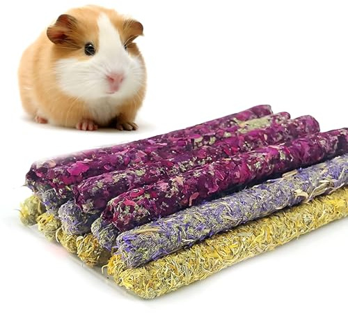 KATLKIU Dolcetti Naturali da Masticare per Conigli e Roditori – 3 Sapori Floreali (Rosa, Calendula e Nontiscordardimé) – Bastoncini di Fieno Timothy, Senza Zucchero
