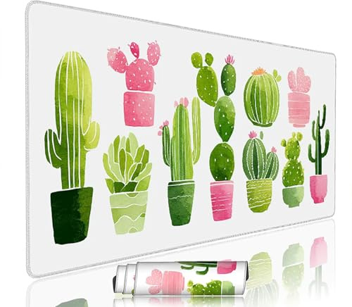 Tapis de Souris Blanc sous Main Bureau Tapis de Souris Gaming XXL 1400x600x3mm Mouse Pad Caoutchouc Cactus Grand sous Main Gamer Accessoires PC Imperméable, pour Clavier Ordinateur Portable w-6444