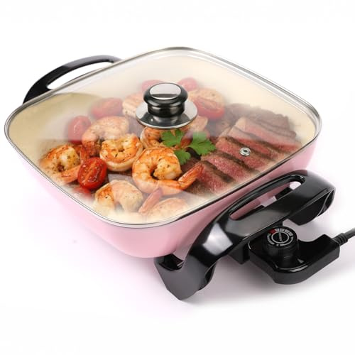 I-Keukenn 12'' Ceramic Nonstick Electric Skillet with Tempered Vented Glass Lid, Scratch-Resistant Surface, Cool-Touch Handles, Removable Easy-to-Clean, 120V 1200W 60Hz, Pink