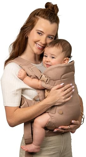 Infantino Flip Luxe 4-in-1 Babytrage, ergonomische Trage von Neugeborenen bis Kleinkind, verbesserte Lendenstütze, hochwertiger Fischgrätstoff, edle Details, freihändiger Komfort, 3,2–16 kg, Affogato