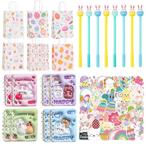 Set di 78 sacchetti regalo pasquali – 12 sacchetti regalo + 8 penne gel uovo di Pasqua + 8 quaderni 50 adesivi, perfetti per il compleanno dei bambini e accessori Candy Bar