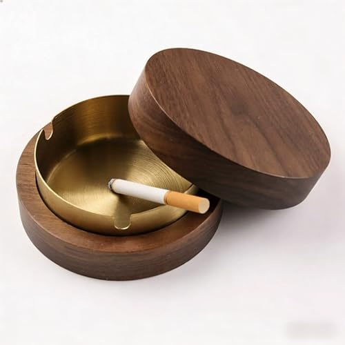 1 Pcs Outdoor Ashtray - Smell-Proof and Windproof Ash Trays for Indoor Use, Removable Stainless Steel Insert with Wooden Base for Home Office Garden Patio (Golden)