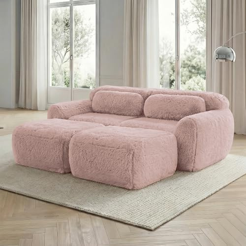 XPSSJMU Sofas, Weicher Flauschplüsch-Stoff, Modulares Schlafsofa mit 2 Ottomans, Zweisitzer-Sofas, Montagefrei, Bequemes Sofa für Wohnzimmer,Rosa