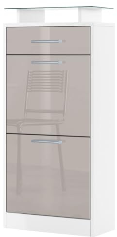 Vladon Schuhschrank Loret V2, Schuhkipper für 8 Paar Schuhe mit 2 Klappen, 1 Schublade und Glasablage, Weiß matt/Sandgrau Hochglanz (46 x 104 x 23 cm)