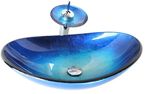 Homelava Modern Gehärtetes Glas Waschbecken mit Wasserfall Armatur Set (Blau 6)