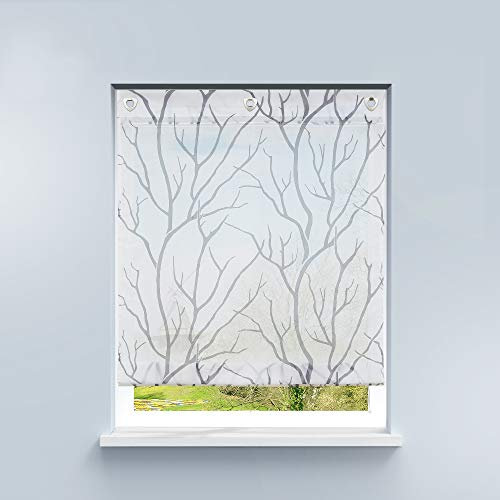 HongYa Raffrollo ohne Bohren Transparente Raffgardine Voile Ösenrollo Küche Kleinfenster Gardine mit Hakenösen Äste Muster H/B 140/80 cm Weiß Grau