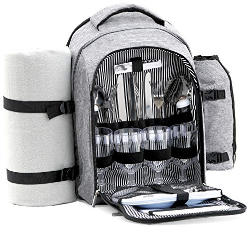 CampFeuer Sac de Pique-Nique à 32 pièces | Gris |Set de Pique-Nique pour 4 Personnes | avec Porte-Bouteilles, Couverture pour Pique-Nique, Compartiment réfrigérant et Vaisselle pour Camping