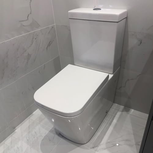 Rimless Close Coupled Toilet Back to Wall Bathroom Toilets White Ceramic WC Pan Soft Close Seat & Dual Flush Cistern Modern Square Elongated Toilet Elegant Eco Flush WC