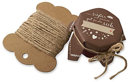 25 mini Marmeladendeckchen - süßes für die Seele - Gläserdeckchen Braun Weiß für Marmelade, kleine Marmeladengläser & Einmachgläser, Recyclingpapier Abreißblock + 10 m Jute Garn + Justiergummi