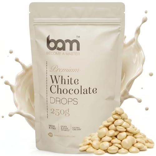 BAM Weiße Schokolade Drops – Kuvertüre Callets zum Schmelzen & Backen – Weiße Schokodrops für Schokofondue, Ganache & Schokobrunnen – White Chocolate Chips - 250 g