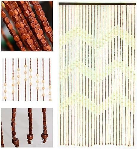ReTaaj Wooden Bamboo Beaded Door Curtain Beautiful Hanging String Living Room Partition Fly Insect Bug Screen Window Door Panel Home Decorations Hook 180 x 90cm Waves