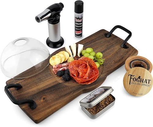 Foghat Cocktail Smoking Charcuterie Set with Cloche, Board, Bourbon Whiskey Barrel Oak Culinary Smoking Fuel Wood Shavings & Smoking Torch w/Butane Refill (Foghat + Torch + Charcuterie + Butane)