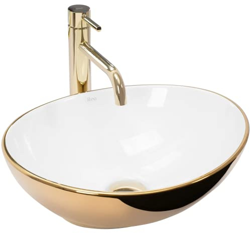 VBChome Handfat gyllene vit 41 x 33 x 13 cm mini keramik vitt oval tvättställ handtvättställ toppmonterat tvättställ tvättskål gäst WC