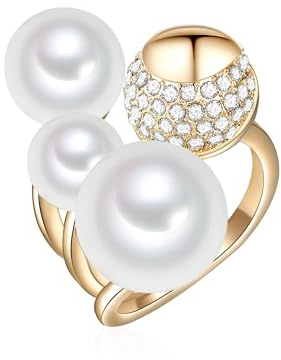 Lulu & Jane Damen Ring Messing gelbgold | gelbvergoldet 14 Karat, Cocktailring, Glas, weiß, Muschelkernperle, ca. 8,0 - 12,0 mm, weiß, rund