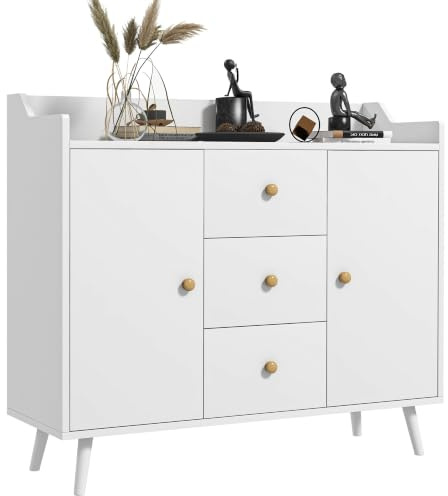 HOMCOM Aparador de Salón Moderno, Aparador de Cocina 90x32x80 cm Blanco | 2 Puertas, 3 Cajones, Patas de Madera de Pino, para Entrada Comedor Pasillo Dormitorio