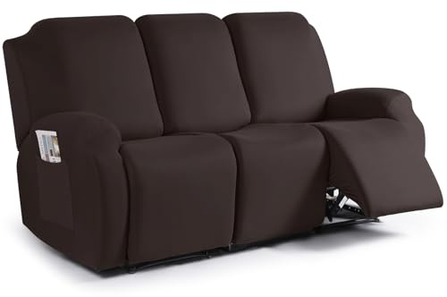 TAOCOCO Recliner Sofa Slipcover, 3 Pieces Polyester Fabric Stretch Sofa Covers for 3 Seat Reclining Couch, Soft Washable Furniture Protector with Pockets (3 Seat, Coffee)
