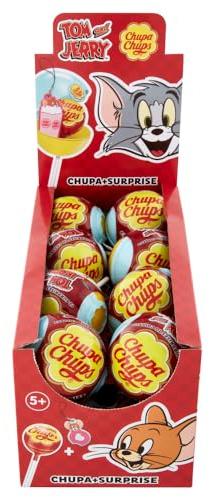 Chupa Chups Surprise Tom&Jerry, 16 Lollipop, Gusto Fragola, 10 Sorprese Tom & Jerry da Collezionare e Scambiare con i tuoi Amici Lecca Lecca Monoporzioni, Ottime come Idea Regalo
