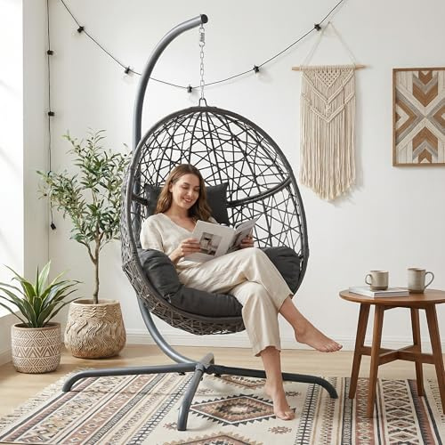 RADIATA Hanging Egg Chair with Stand, Outdoor Swing Egg Chair with Thick Cushion, Rattan Bird Cage Eggshell Basket Seat, Patio Swinging Hammock Chair for Outside Backyard, Dark Grey