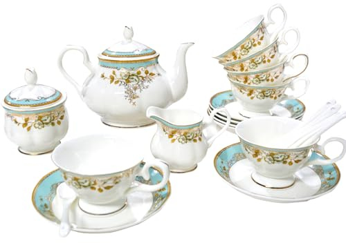 LE POTOCIO Bone China Tea Set, 21-Pieces Porcelain Tea Set for Adults, Tea Cups And Saucers for 6, with Teapot, Spoons, Sugar Bowl, Creamer Pitcher, Vintage Tea Set for Women Tea Party (Green)