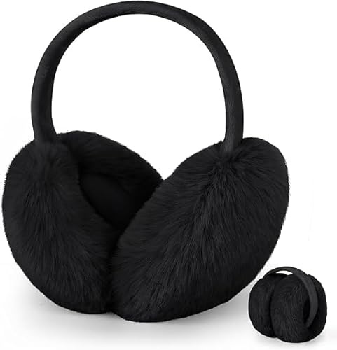 Ear Muffs,Ear Muffs for Women,Winter Ear Warmers,Women Earmuffs Winter Accessories Fluffy Plush Foldable Adults Outdoor Thermal Ear Warmer Skiing Running Ears Covers Protector from Wind Cold(Black)