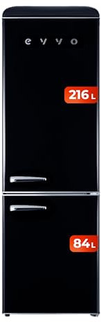 EVVO Frigorífico Combi, Estilo Retro, Refrigerador 216 Litros, Congelador 84 Litros, Diseño Vintage, Cajón Crisper Zone, Turbo Fan, Libre de Gas CFC, Silencioso. F55 (Negro)