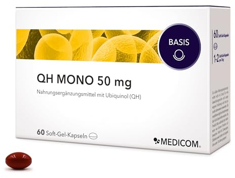 Medicom - QH Mono 50 mg, Ubiquinol Kaneka, 60 Soft-Gel-Kapseln | Bioaktives Coenzym, Energie, Zellschutz, Ubiquinol, Soft-Gel-Form, Hochwertig, Antioxidans, Herz, Vitalität, Reif