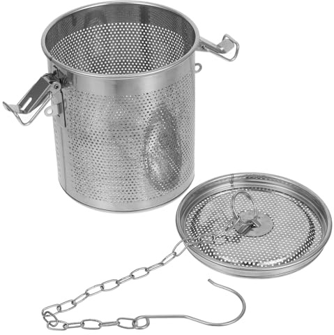 TOVINANNA Large Spice Infuser 4.5 x 5.1 Stainless Steel Seasoning Filter with Buckled Lid & Chain Hook, Fine Mesh Soup Strainer for Cooking Loose Leaf Tea Brine Broth, Reusable Metal Stewing Basket