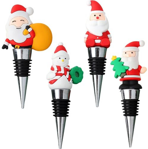 Christmas Wine Stopper - 4PCS Reusable Bottle Stoppers, Christmas Santa Claus Snowman Wine Plug Sealing Stopper, Wine Preserver Wine Corks, Beverage Bottle Stopper for Christmas