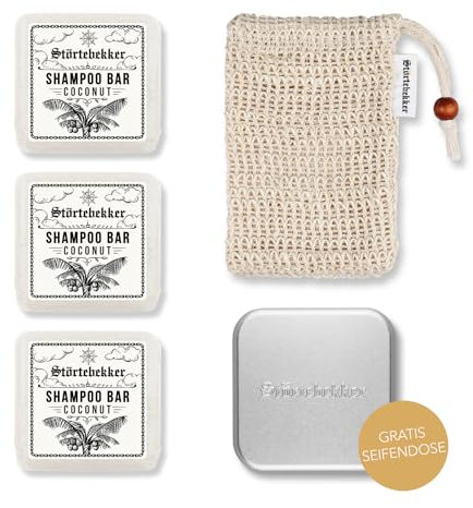 Störtebekker® Premium Duschset - Festes Shampoo Kokos (x3), Sisalsäckchen + GRATIS Seifendose Aluminium - Shampoo Bar Set für Haare, Kopfhaut & Bart - Handgefertigt in Seifenmanufaktur