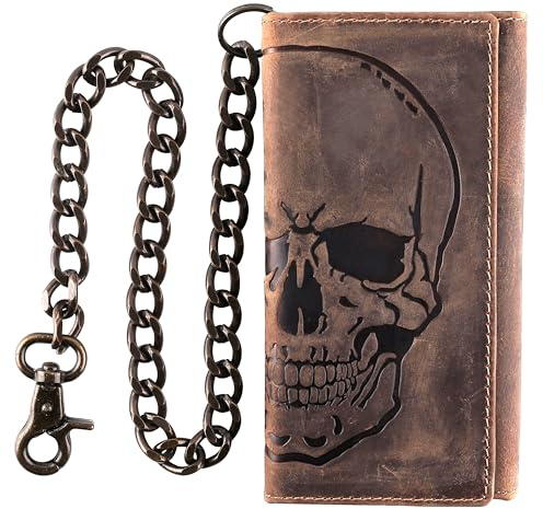 F&L CLASSIC RFID Blocking Mens Tri-fold Long Style Cowhide Leather Steel Chain Wallet,brown distress with skull,212-70