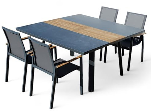 ALEOS. Gartengarnitur Gartenset Aluminium Teak Set mit quadratischem Ausziehtisch 150x110cm auf 150cm ausziehbar + 4 Stapelstühle anthrazit Trinidad