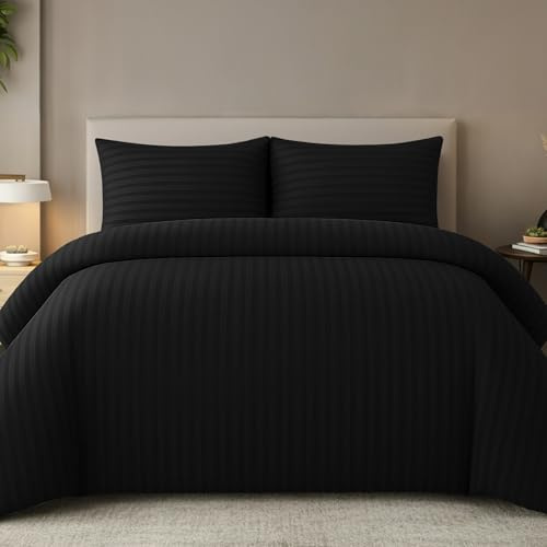 Pamposh Satin Stripe King Size Duvet Cover Sets - Premium Hotel Quality Quilt Cover Bedding Sets - Hypoallergenic Ultra Soft Microfiber Bed Linen