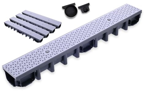 Durabern Set di grondaie di drenaggio, 98 mm, per giardino, cortile e terrazza, include griglia in plastica PP con motivo moderno e 2 bocchette di scarico (4 m, grigio)