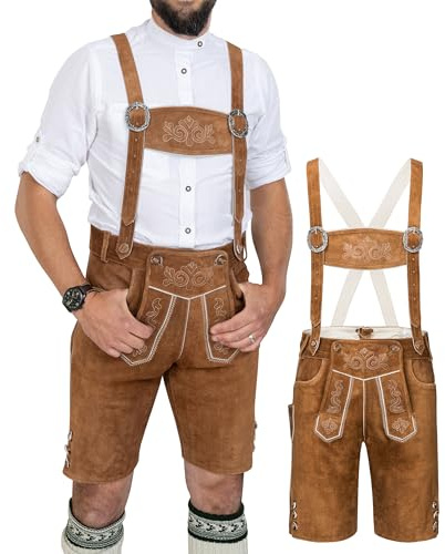 Schöneberger Traditionell couture läderbyxor för män med hängslen – original kostymbyxor, bruna, traditionella läderbyxor, korta för Oktoberfest Hans, BRUN, 50