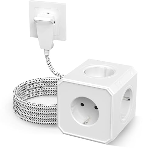 PABANCE Steckdosenwürfel, Power Cube mit 3M Geflochtenem Kabel, 5 Fach Steckdosen Würfel, Mehrfachsteckdose Würfel Flachstecker - 16A Schnellladung - für Wandsteckdose- Weiß