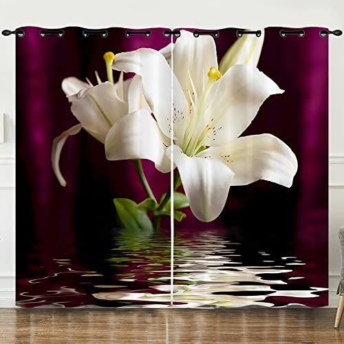 Generisch Blickdichte Vorhänge 2 Set mit Ösen Gardienen Blumen Rose Orchidee Lilie Muster 3D Schattierung Blackout Curtain Isolierung Verdunkelungsvorhang für Wohnzimmer Schlafzimmer B156 X H165 cm