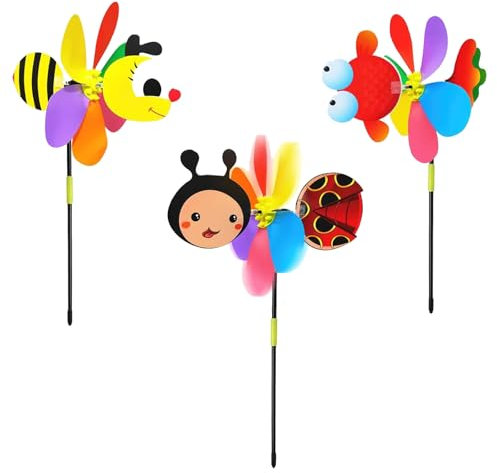 3 Piezas Molinillo de Viento Molino Viento Niños Mariquita 3D Molino de Viento Decorativo para Jardín, Terraza, Césped, Patio