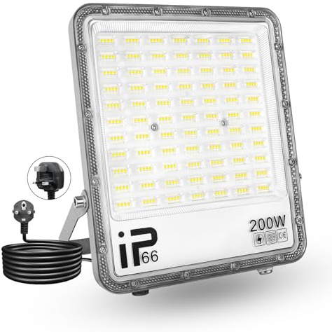 PICAA Lumière LED Extérieur 200W, 20000LM, Blanc Froid 6500K, Projecteur LED Sécurité IP65 Étanche, Lumière de Travail LED pour Porte d'Entrée, Entrepôt, Parking, Cour, Rue avec Prise (2 Pièce)