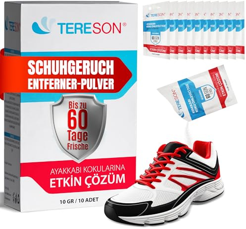Tereson skodeodorant pulver – långvarig lukteliminator för skor, sneakers och stövlar – friskhet i upp till 60 dagar – 10 engångspåsar