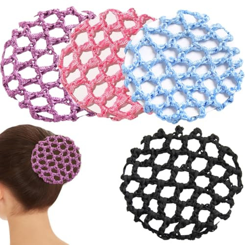UEIOAVL Knotenringe für Haarstyling Dutt-Haarnetz-Set, 4er-Pack Haarnetz, Mädchen-Haarnetz, Ballett-Dutt-Haarnetz, Haar-Accessoire (Blau, Rosa, Lila, Schwarz)