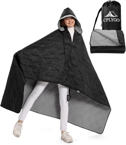 wasserdichte Fleecedecke Picknickdecke, Winddicht Reisedecke Ultraleicht Warm Sandfest, Tragbare Groß Decke Mit Hut für Outdoor Camping, Stadion, Yoga, Strand, Kaltes Wetter, 145 x 190 cm, Schwarz