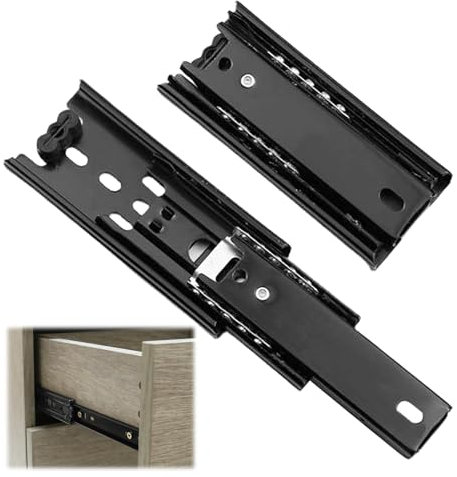 2 Piezas Rieles para Cajones, Guias Correderas para Cajones Negras Extensión Total de 185 mm, 3 Pliegues Montaje Lateral Rieles Telescópicos, Guia Cajon con Capacidad de Carga de 45 kg (Negro)