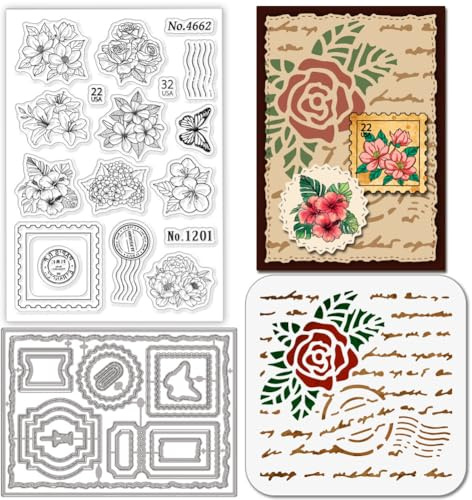 GLOBLELAND Blumen Poststempel Rahmen Stempel Schneidematten PET Malvorlagen Für Kartenherstellung Frühlingsblumen Schmetterling Silikonstempel Vintage Hintergrund Schablonen Farbvorlagen