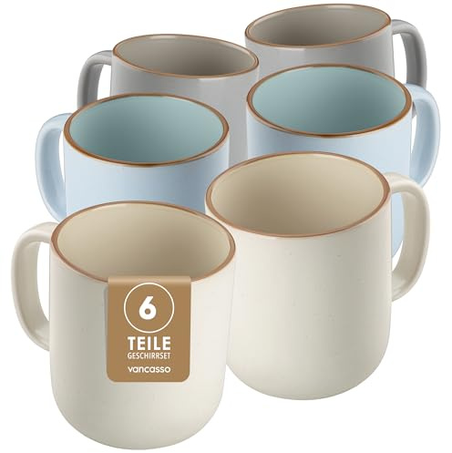 vancasso RENO - Juego de 6 Tazas de Gres con Asa - 400 ml - Para Café, Té, Capuchino y Avena - Apto Lavavajillas y Microondas - Esmaltado Reactivo 3 Tonos Azul/Gris/Beige