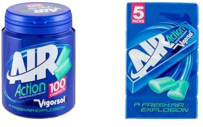 Vigorsol Air Action, Chewing Gum, Gusto Menta, Senza Zucchero, Senza Glutine, Confezione da 1 Barattolo e da 5 Stick, Ideali da Condividere con chi vuoi e come Formato Scorta