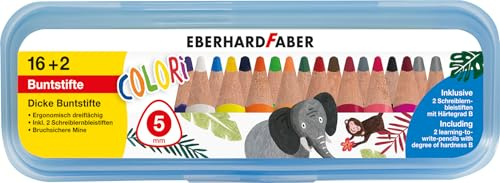 EBERHARD FABER - Buntstifte Set Colori mit Farbstiften und Bleistifte | 16 dicke Farbstifte und 2 Schreiblernstifte Härtegrad B in praktischer Stiftebox für Kinder