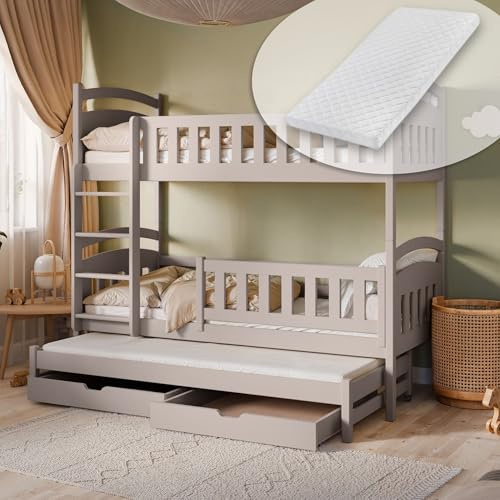 Kids Collective Hochbett 90x200 Etagenbett Kinderbett Jugendbett Stockbett 3 Kinder mit Zwei Schubladen umbaubar in 3 Einzelbetten, 4. bis 16. Lebensjahr | inkl. Lattenrosten & 3 Matratzen | Kaschmir