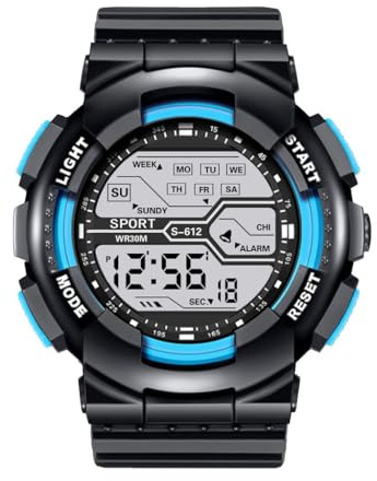 Mäns sport mode handled LCD stoppur datumklocka gummi digital pojke herrklocka Bn0032, Himmelsblått, En storlek