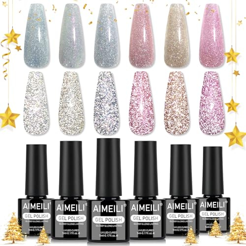 AIMEILI Reflekterande glitter gel nagellack set, 6 färger holografisk gnistrande diamant naglar blötlägg av UV LED gel polish manikyr konst för kvinnor – kit 108